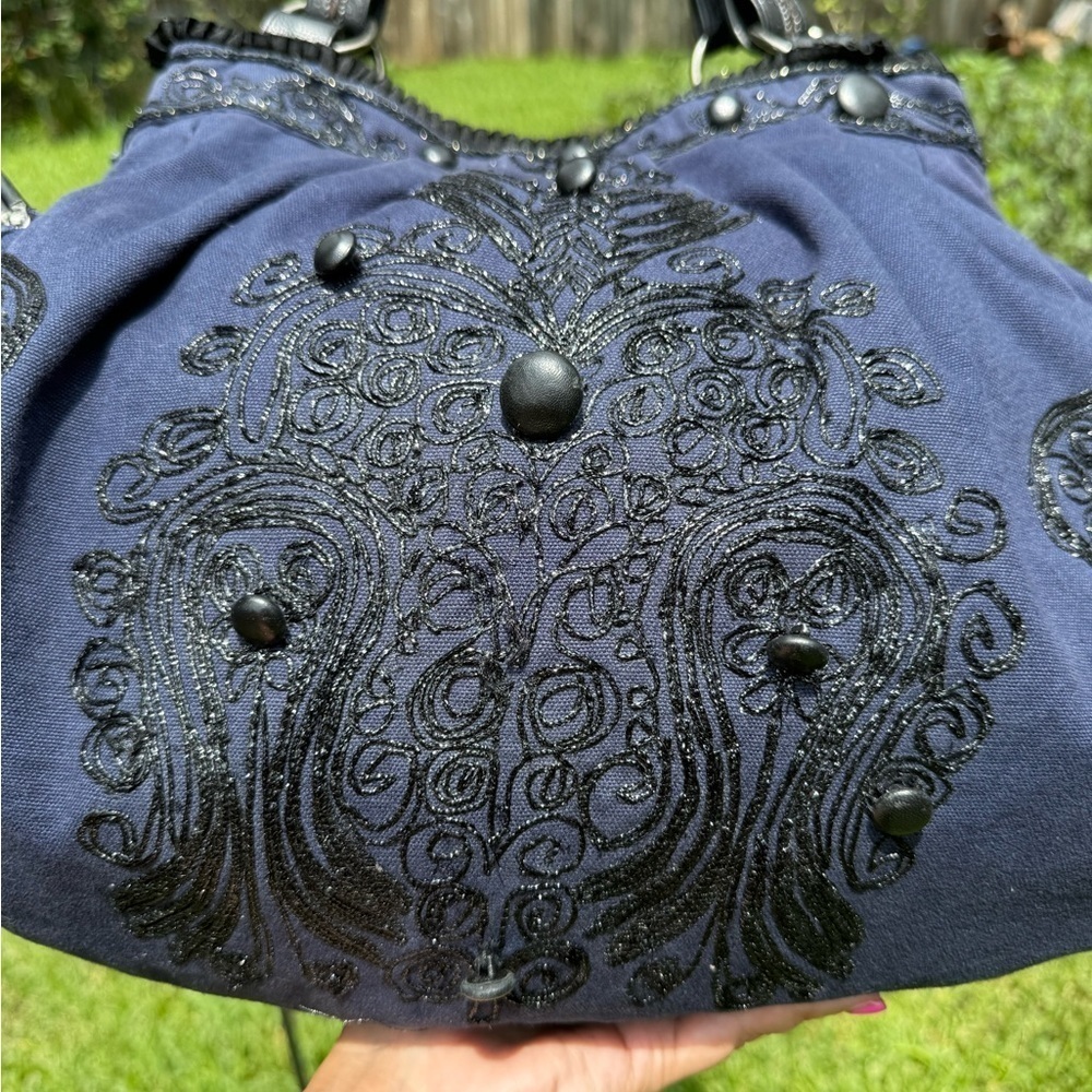 Jasper & Jeera Anthropologie Large Leather Cotton Embroidered Purse Kisslock - Picture 4 of 16